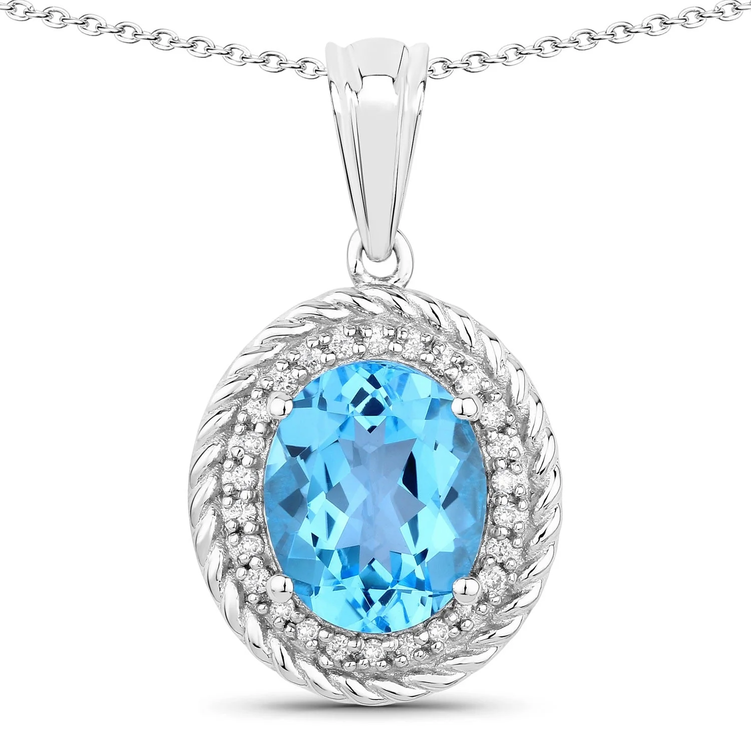 Modern 4 Ct Oval Swiss Blue Topaz Lab Diamond Prong Silver Halo Pendant Necklace Stylish