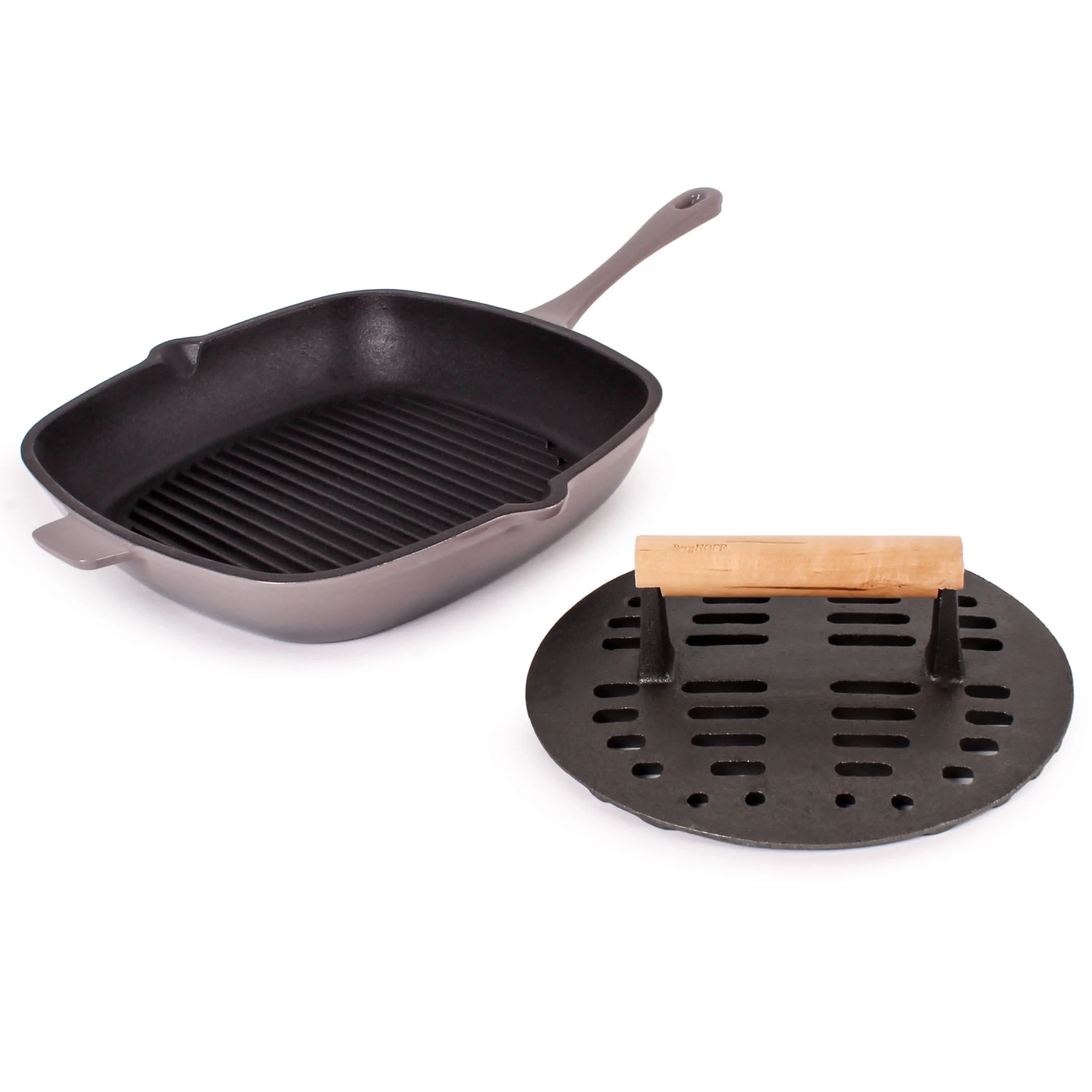 Genuine BergHOFF Neo 2pc Cast Iron 11 Grill Pan with Slotted Steak Press Oyster Selected