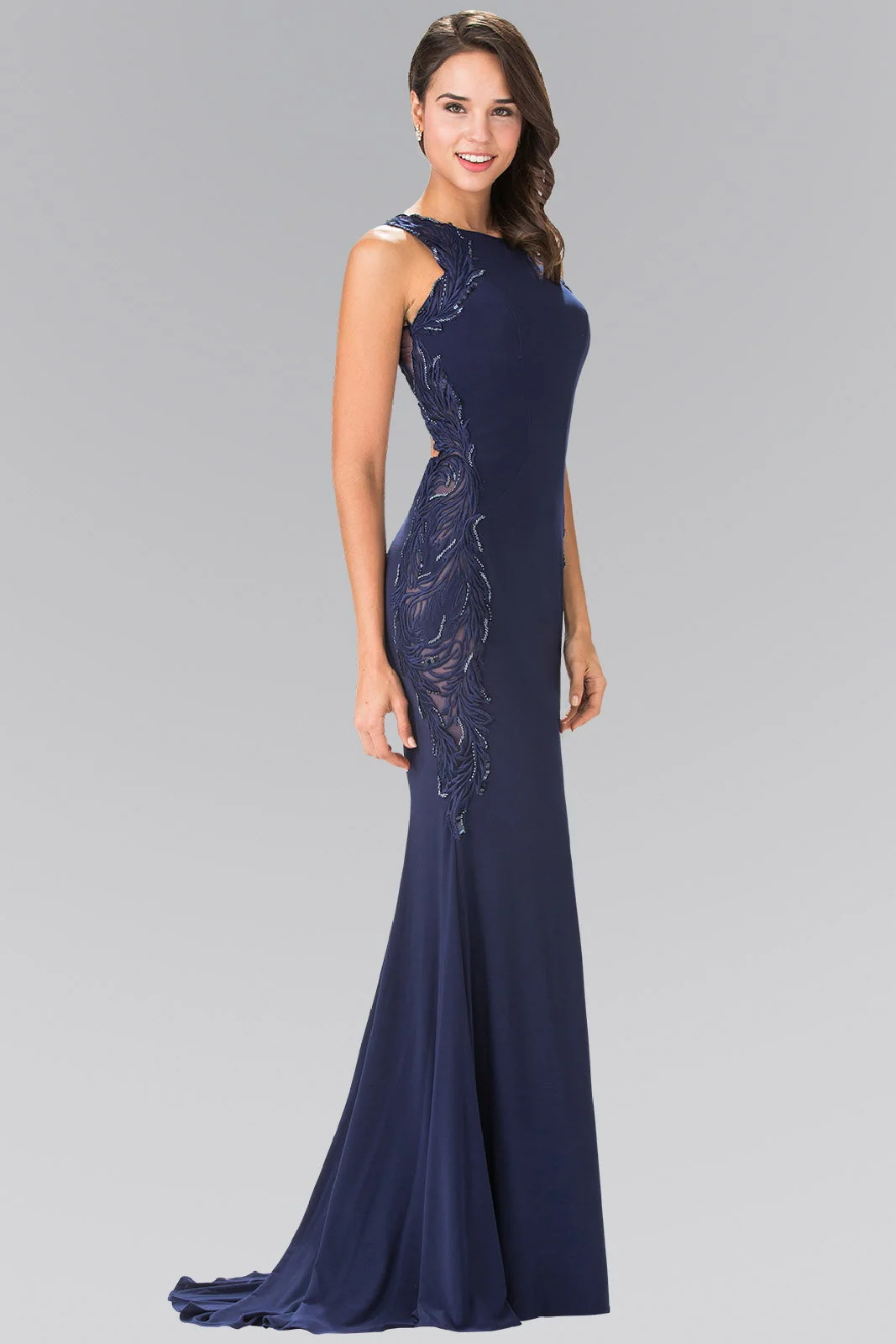 Practical Open-Back Jersey Long Dress Accented with Side Embroidery Top-Quality