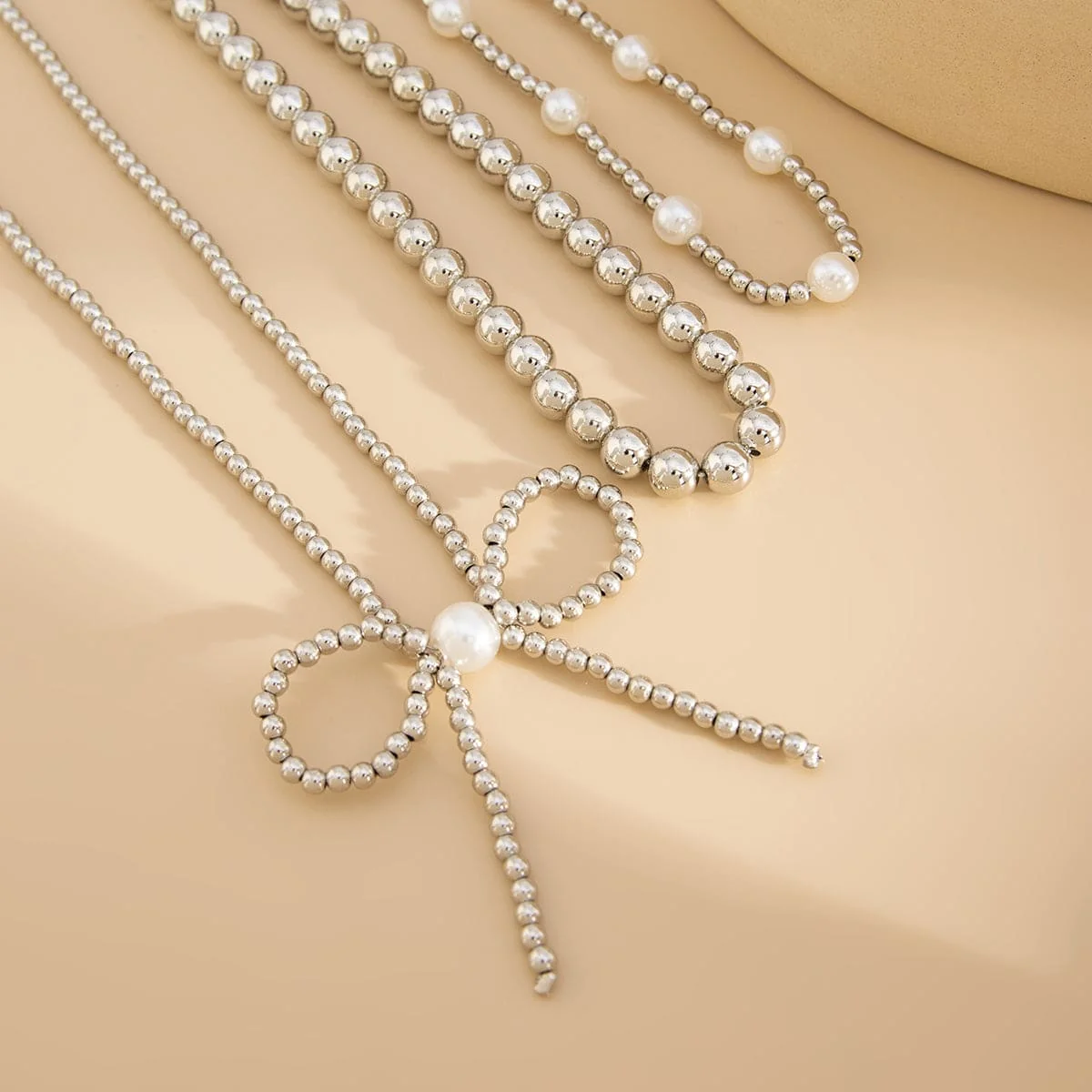 Healthy Pearl Silvertone Beads Chain Bow Pendant Necklace Set Luxury