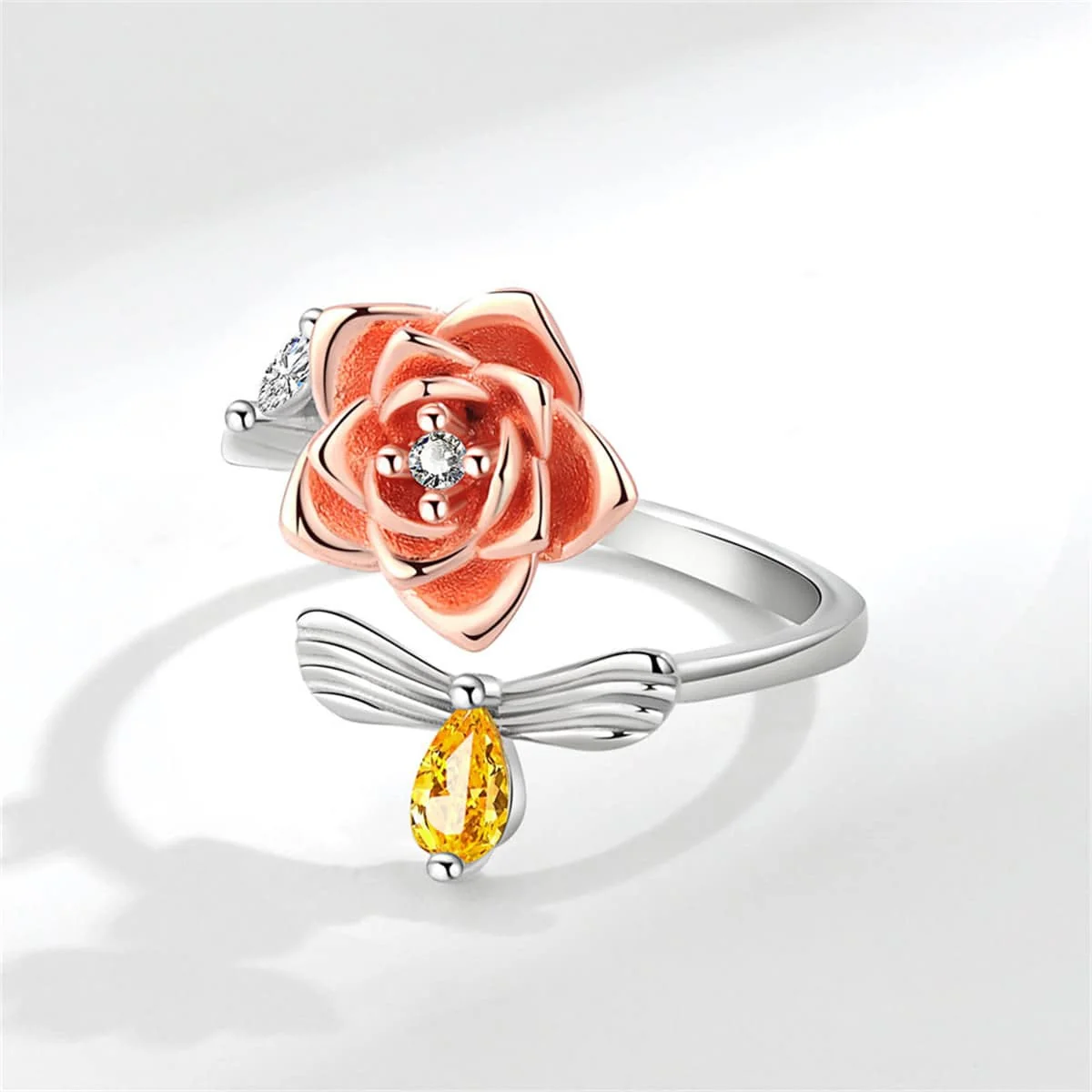 Certified Yellow Crystal Two-Tone Rotating Rose Bee Bypass Ring Quality