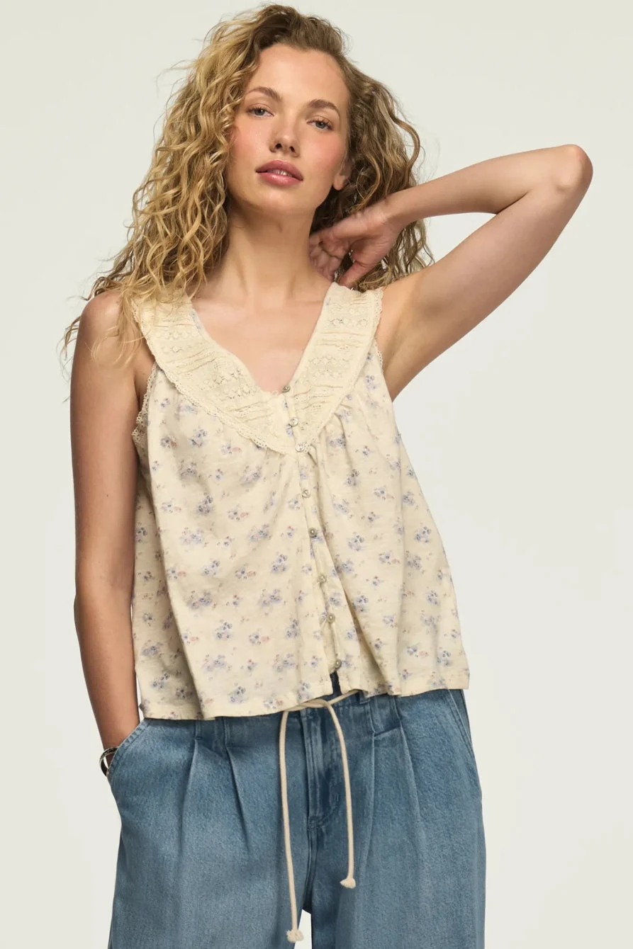 Authentic Lucky Brand Women's Lace Yoke V Neck Top - Cream Floral Luxury