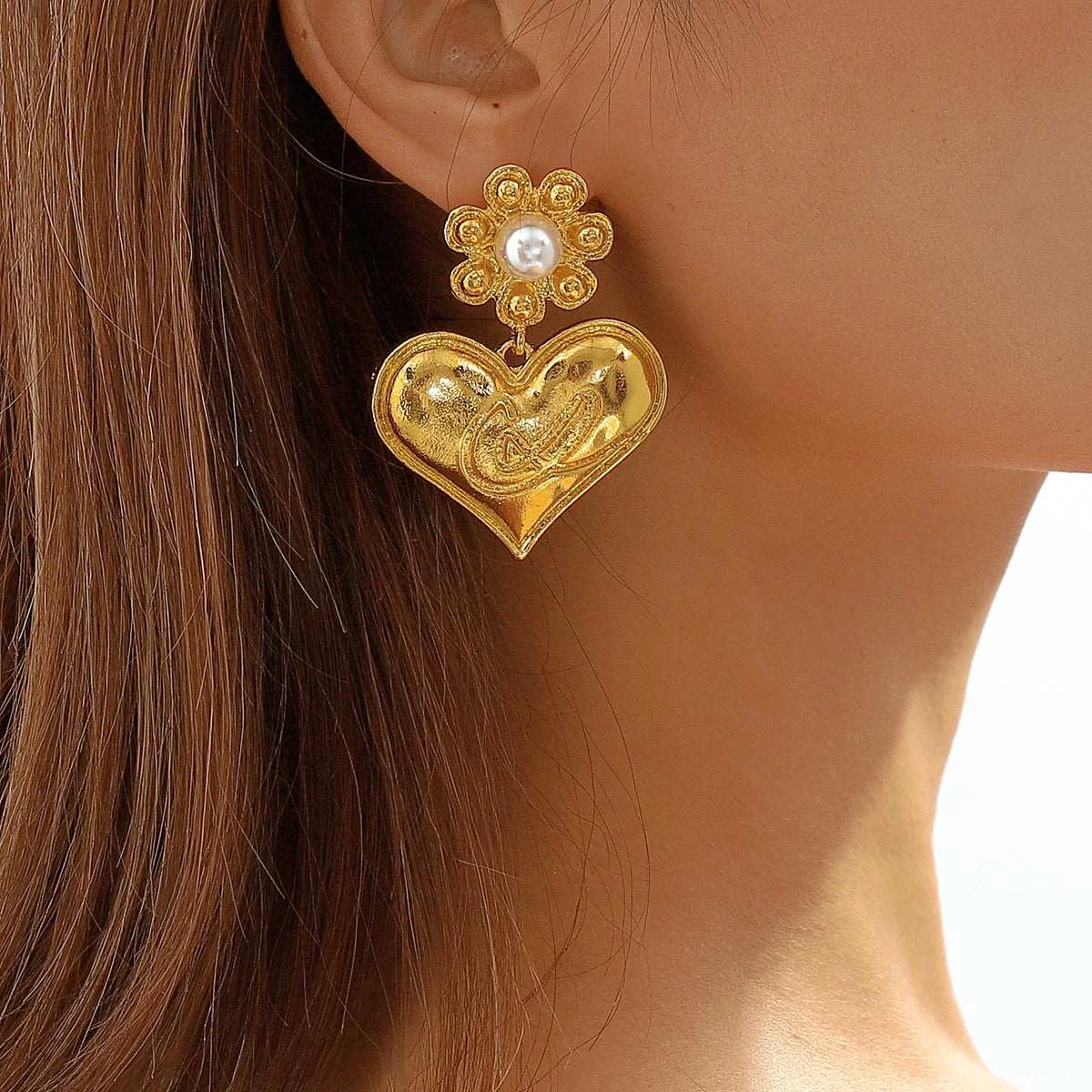 Trendy Pearl Goldtone Floral Heart Drop Earrings Practical
