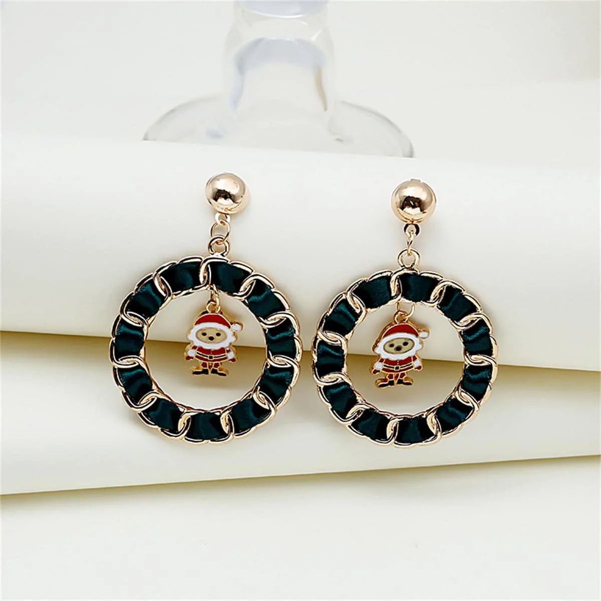 Classic Red Enamel Polyster Goldtone Santa Curb Chain Circle Drop Earrings Organic