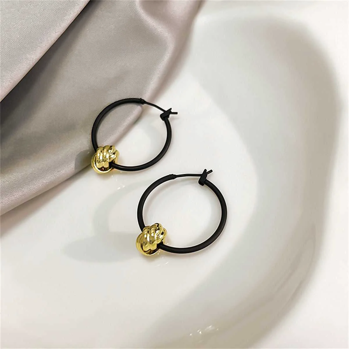 Fine Crafted Black Goldtone Ball Hoop Earrings Durable