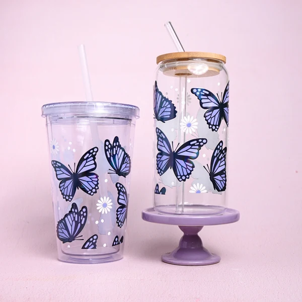 Versatile Purple Butterflies Holographic Plastic or Glass Tumbler Fine