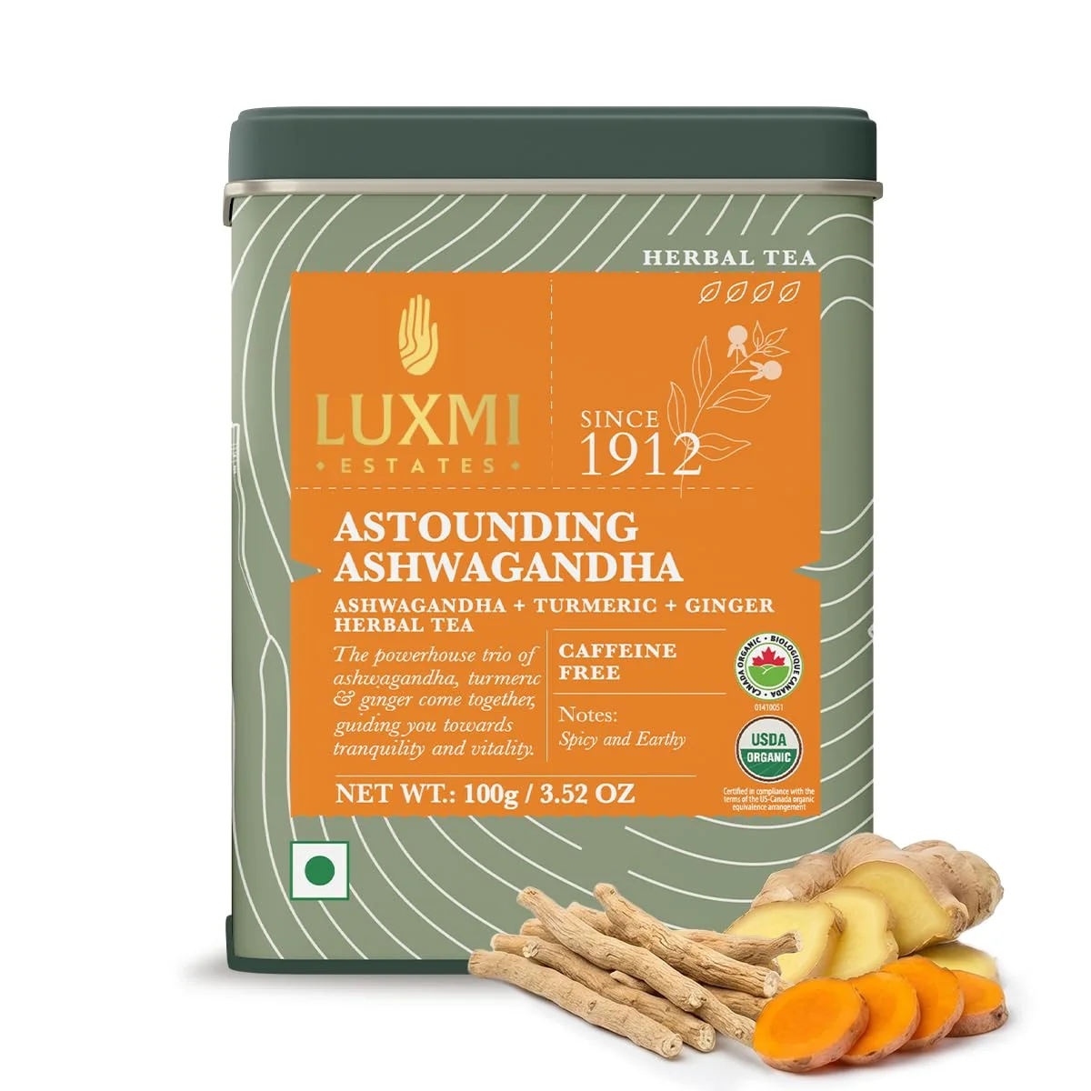 Advanced Luxmi Estates Ashwagandha Turmeric Tea Organic Loose Leaf 100g 3.5oz 50 Cups Herbal Blend with Ashwagandha Turmeric Ginger Lemongrass Caffeine- Refined