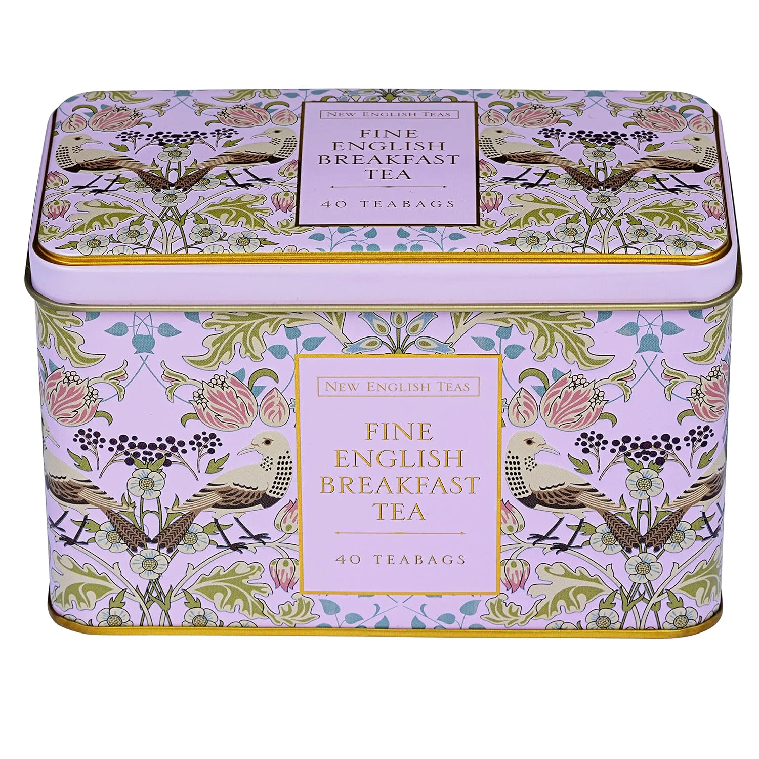 World-Class New English Teas Song Thrush and Berries Tea Tin in Pink with 40 English Breakfast Teabags Eco-Friendly