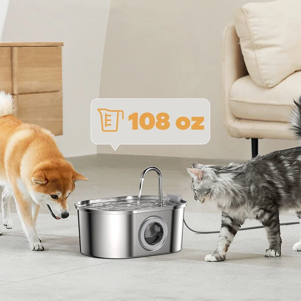 Premium Pet Water Fountain - 3.2L Stainless Steel with Silent Filter Transparent Window Exclusive