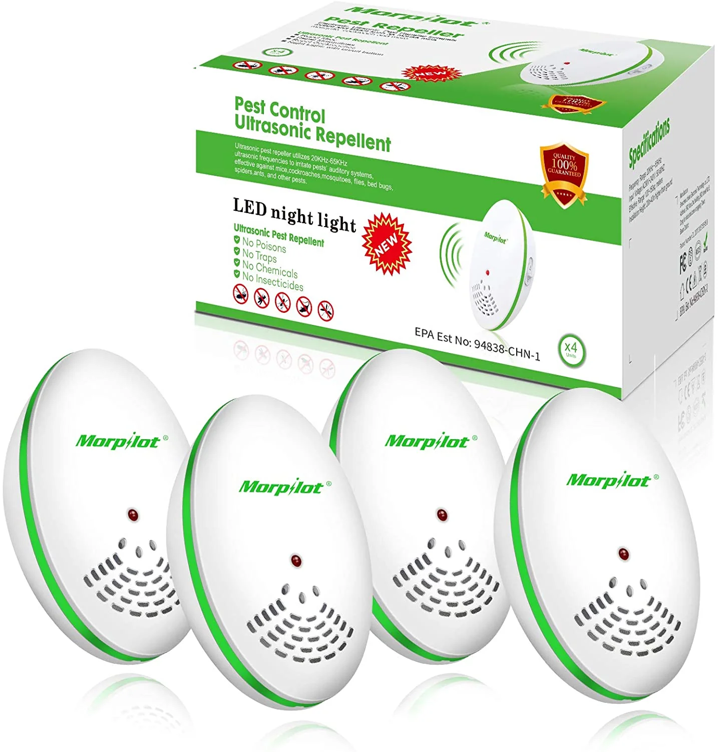Minimalist Ｍ－１ Ultrasonic Pest Repeller 4 Pack Electronic Repeller Indoor Plug-in - Get rid of - Rodents Mice Rats Squirrels Bats Insects Bed Bugs Ants Fleas Mosquitos Fly Spiders Roaches Trusted
