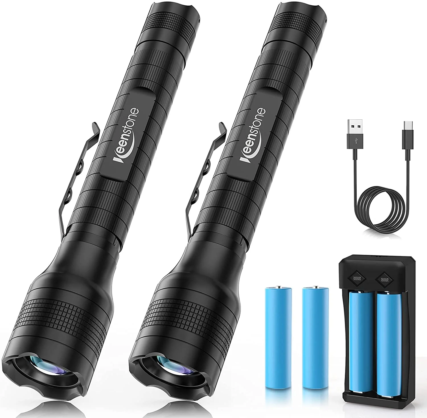 Traditional Keenstone Rechargeable LED Flashlights 2 Pack 1500 High Lumens Zoomable 5 Modes Waterproof Tactical Handheld Flashlight for Emergencies or Hiking 4pcs 18650 Battery and Charger Included Relaxed