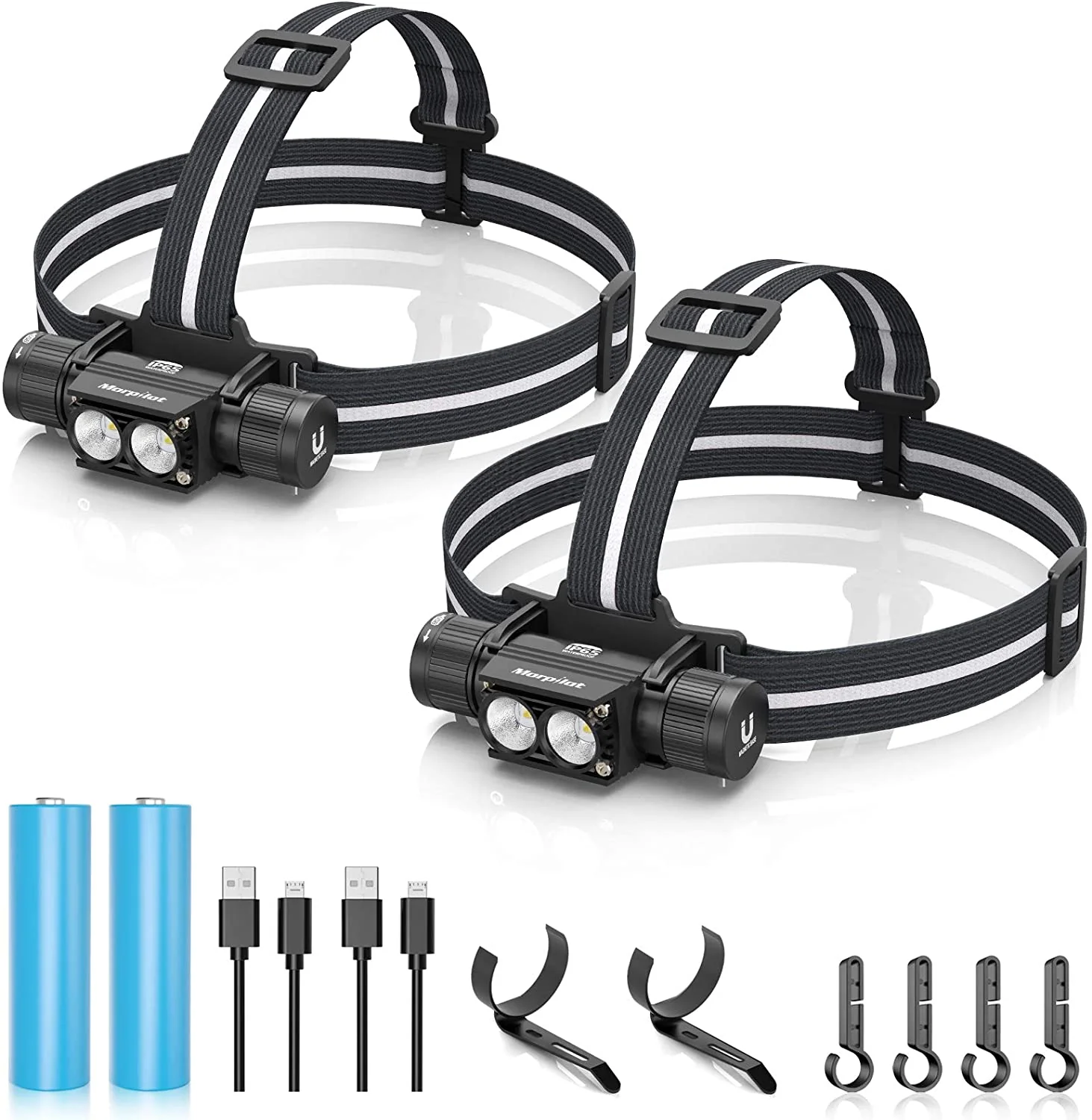 Premium morpilot Headlamp 1200 Lumens USB Rechargeable Head Lamps IPX 65 Waterproof Headlight with Adjustable Headband 5 Modes Led Headlamp Flashlight for Outdoor Camping Hiking Hard Hat Light 2 Packs World-Class