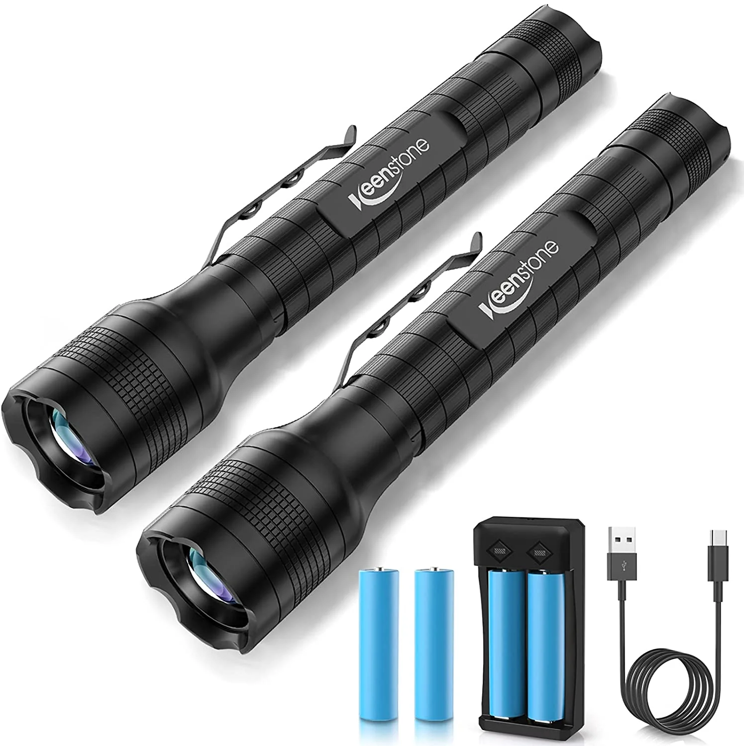 Outstanding Keenstone LED Tactical Flashlight Rechargeable 2 Pack 3000 High Lumens Zoomable 5 Modes Waterproof Handheld Flashlight with Pocket Clip for Emergencies Camping Hiking or Night Fishing Reusable