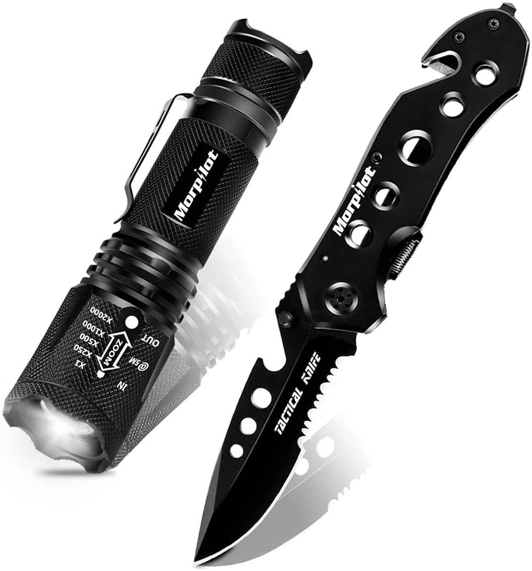 High-Performance Morpilot Tactical Flashlight and Pocket Knives Set Super Bright Handheld Flashlight and 5 in 1 Multitool Tactical Knife for Camping Hiking Backpacking Fishing Proven