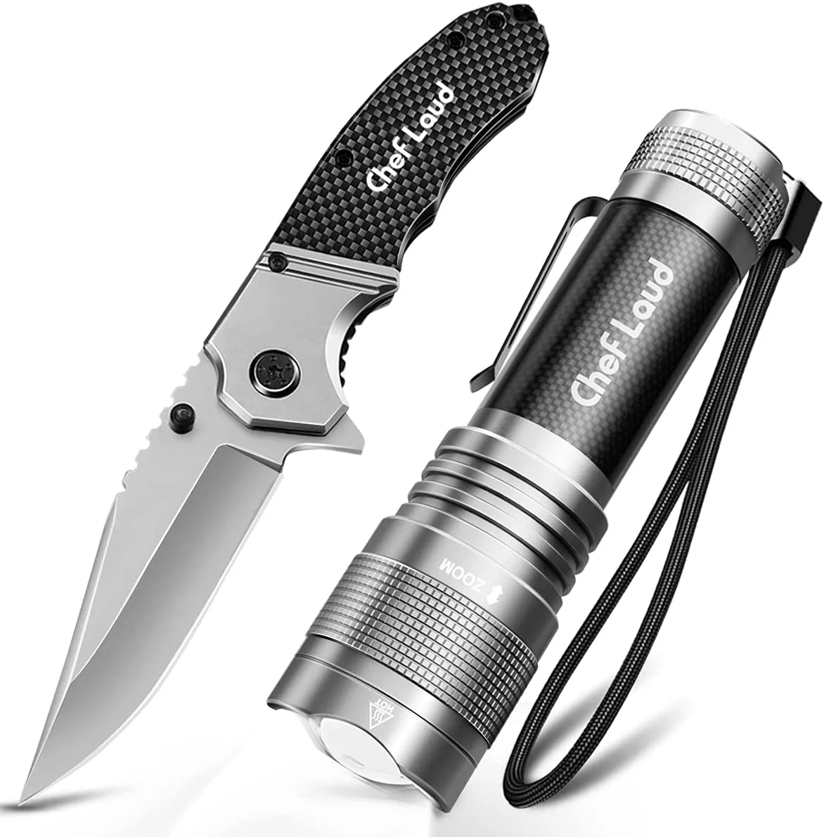 Premium Handheld Flashlight Pocket Knife Set Cheflaud LED Flashlight with 5 Modes Zoomable Water Resistant and Hunting Knife Combo for Outdoor Camping Hiking Fishing Traveling Men's Gift Durable