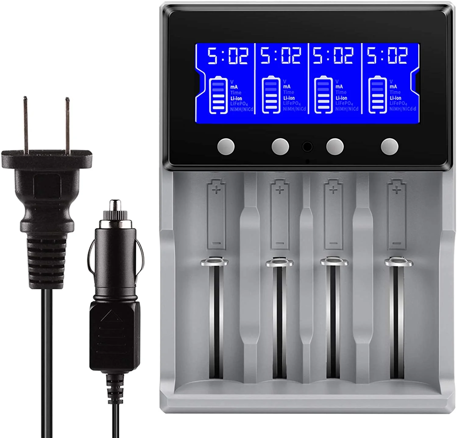 High-Grade Universal Battery Charger Keenstone Premium Battery Charger 4 Slots for 18650 Battery Rechargeable Batteries Li-ion LiFePO4 IMR 10440 14500 16340 RCR123A 26650 Ni-MH Ni-Cd AA AAA -LCD Display - Grey Flexible