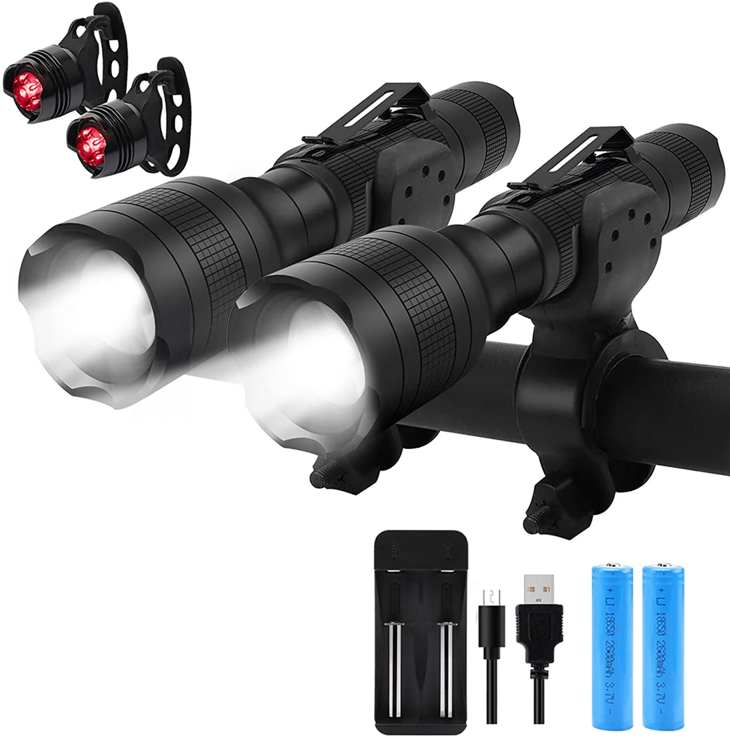 Solid Rechargeable Bicycle Light Bike Light with Tail Lights Bright 700 Lumens Bike Headlight for Mountain Street Bikes Front and Back 5 Modes LED Handheld Flashlight Battery and Charger Included Flexible