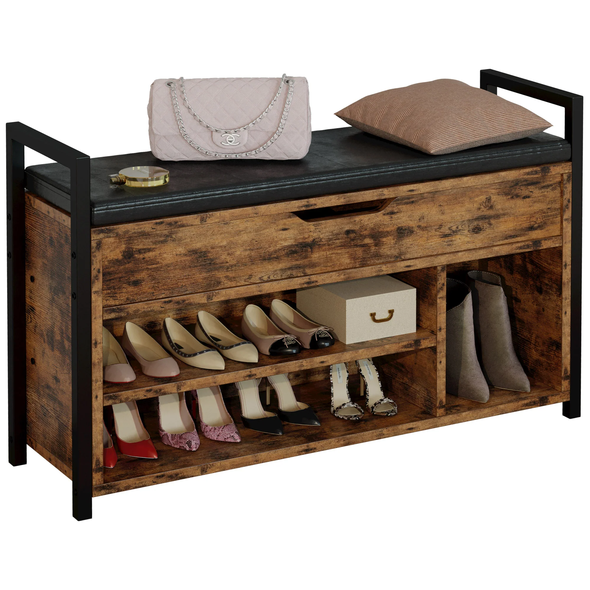 High-Performance Keenstone Shoe Bench Rack 3-in-1 Coat Rack Hooks Set Hall Tree Entryway Shoe Rack Storage Bench Brown Crafted