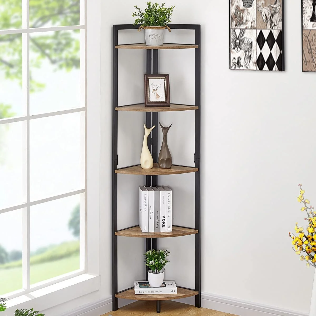 Trendy Chefluad Iron Corner Rack 6 Tier Corner Shelf Plant Stand Corner Bookshelf Small Bookcase Storage Rack Rustic Brown Environmentally Friendly