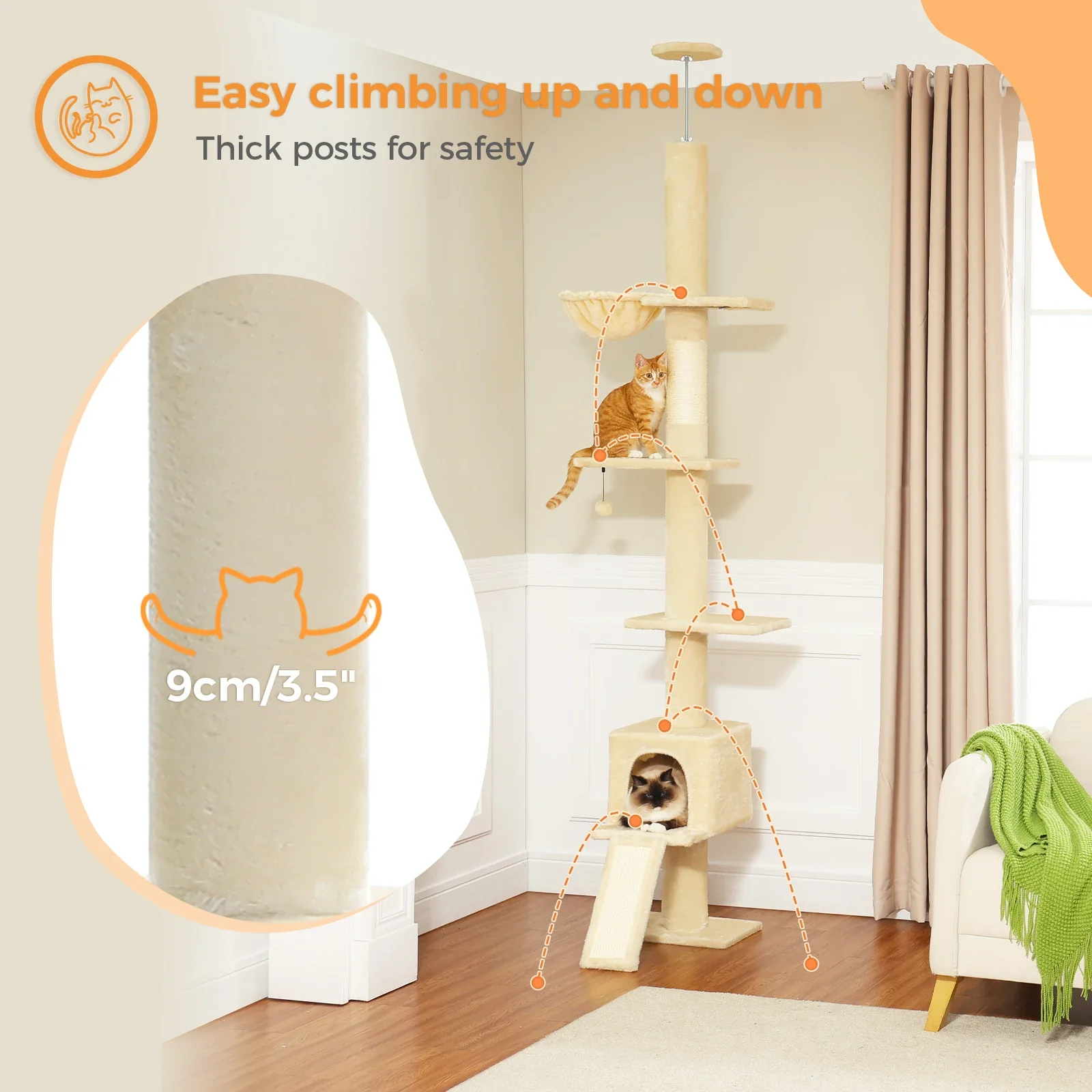 Green Adjustable 210-274CM Floor to Ceiling Cat Tower 5 Tiers Flexible