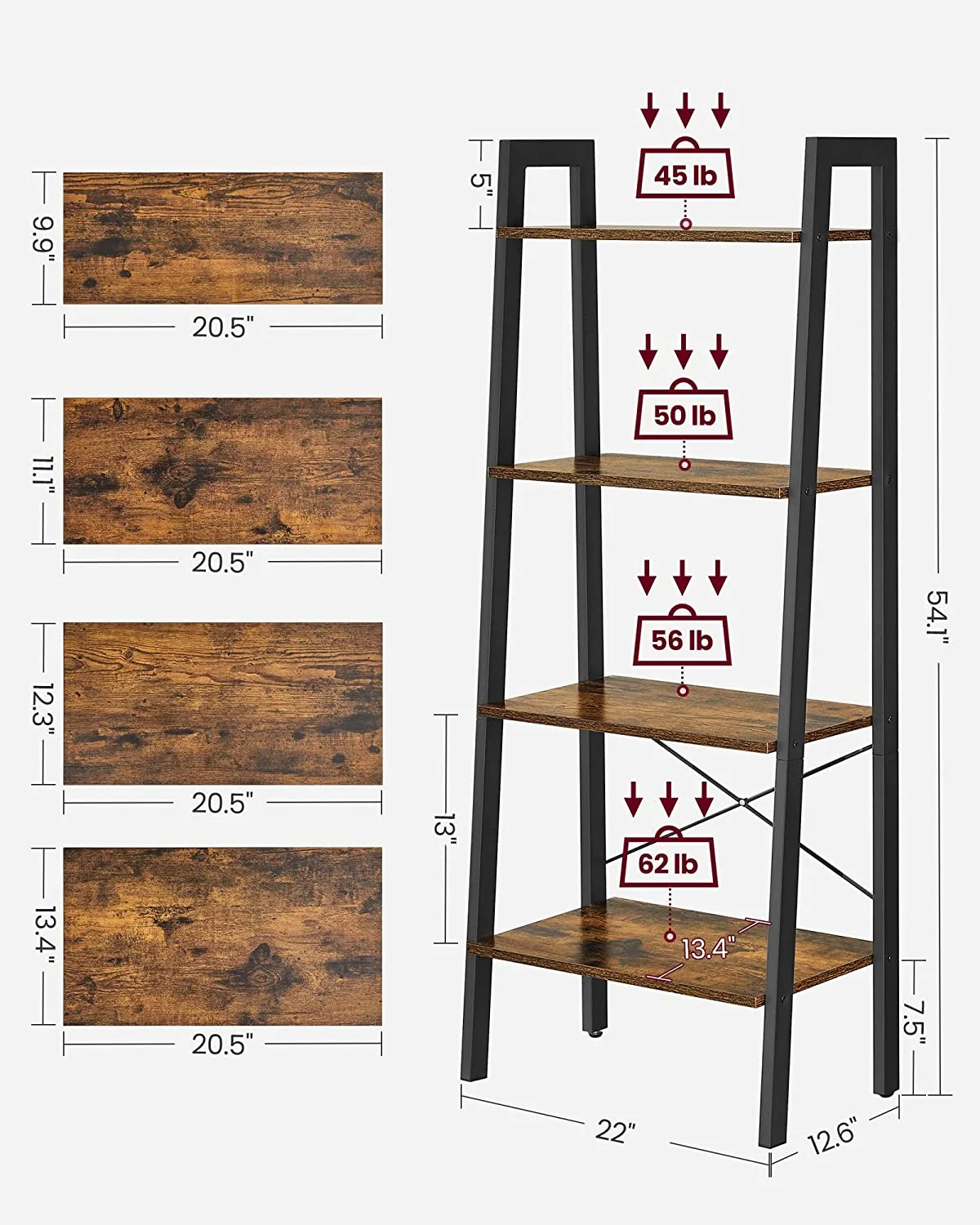 User-Friendly Ladder Shelf 4-Tier Bookshelf Storage Rack Bookcase with Steel Frame for Living Room Home Office Kitchen Bedroom Industrial Style High-Performance