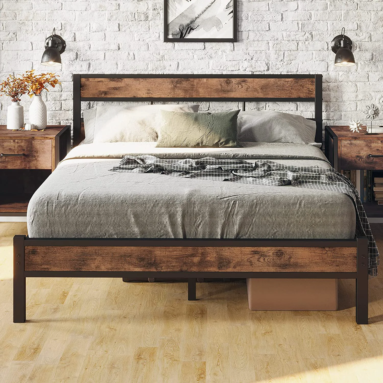 Refined Full Bed Frame with Rustic Vintage Wood Headboard and Footboard Mattress Foundation Strong Metal Slats Support No Box Spring Needed Sophisticated