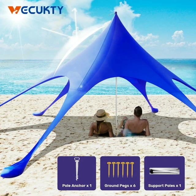 Next-Generation Beach Canopy Tent Sun Shade with UPF 50 UV Protection 10x10 FT Beach Tent Sun Shelter with Sandbags 6 Stability Poles and Ground Pegs and Anti-Wind Ropes Blue Breathable