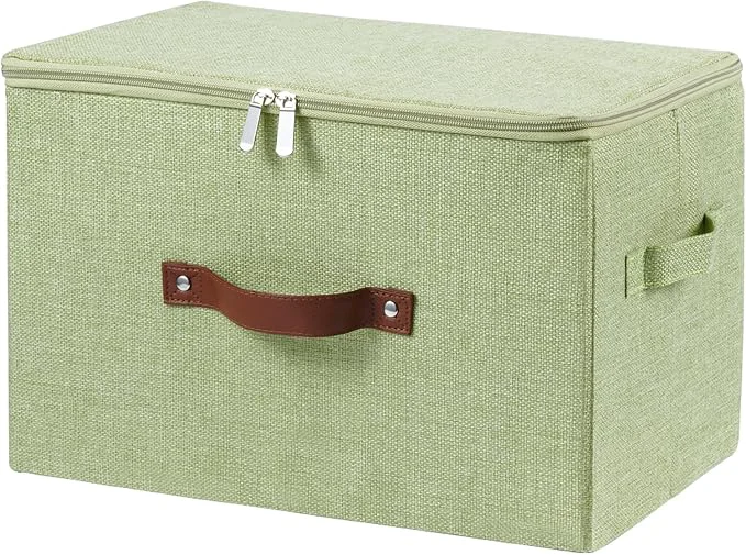 Safe Storage Bins with Zipper Lid Cotton Linen Fabric Lidded Storage Baskets Boxes Foldable Washable Closet Shelf Clothes Organizer Container with PU Leather Handles Green Large Size About ThisOverview Functional