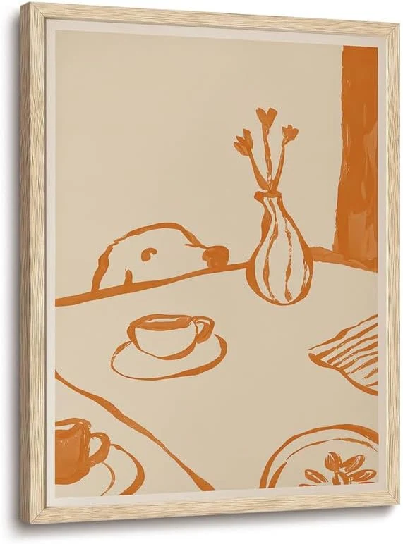High-Quality XJYISUO Framed Wall Art Funky Dog Wall Decor Coffee Canvas Art Minimalist Animal Pictures Warm Paintings Modern Neutral Artwork for Kitchen Nursery Living RoomAbout This Consistent