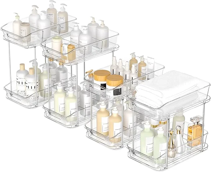 Contemporary 2 Tier Pull-Out Storage Organizer for Bathroom and Kitchen Under Sink Organizer with Dividers I for Organizing Cupboard Bathroom Vanities Cabinet Slide-Out Clear Storage 4 PackAbout ThisOverview Expertly Made