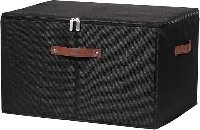 Durable Storage Bins with Zipper Lid Cotton Linen Fabric Lidded Storage Baskets Boxes Foldable Washable Closet Shelf Clothes Organizer Container with PU Leather Handles Black Jumbo Size About ThisOverview Professional