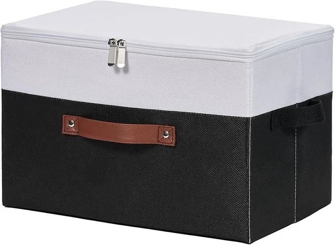 Responsible Storage Boxes with Zipper Lid Cotton Linen Fabric Lidded Storage Bins Baskets Foldable Washable Closet Shelf Clothes Organizer Container Faux Leather Handles Black White Large About ThisOverview Superior