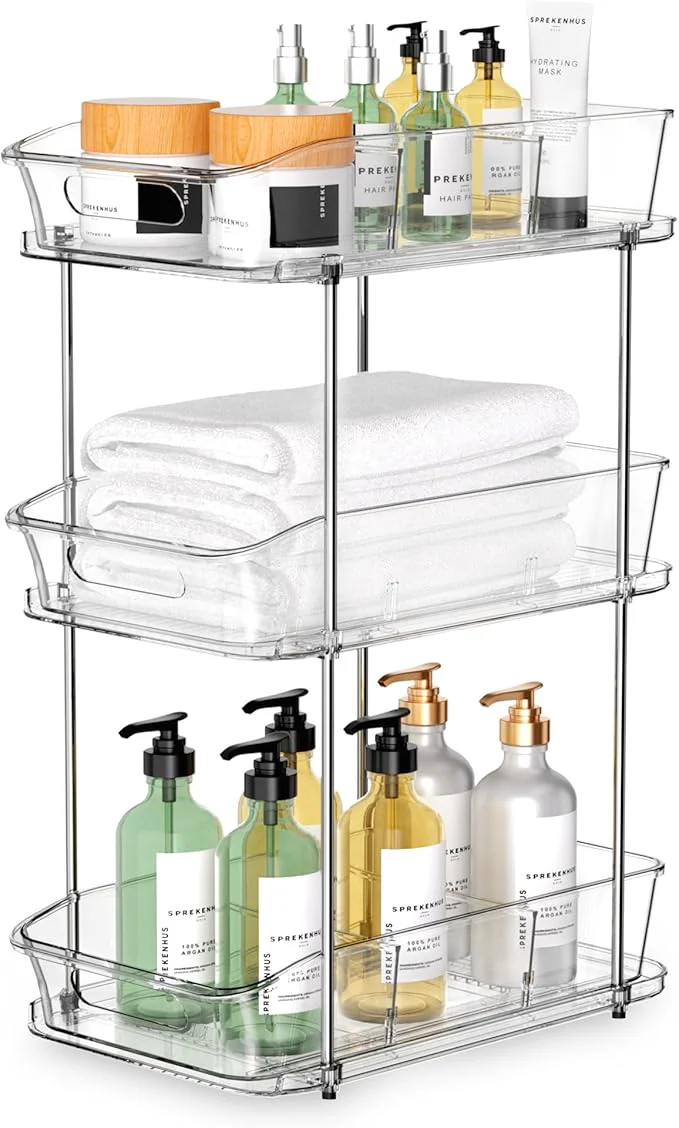 Verified 3 Tier Under Sink Organizer and Storage - Multi-Purpose Stackable Pantry Organizer with Pull-Out Clear Bins and Movable Dividers for Kitchen and Bathroom CabinetAbout ThisOverview Authentic
