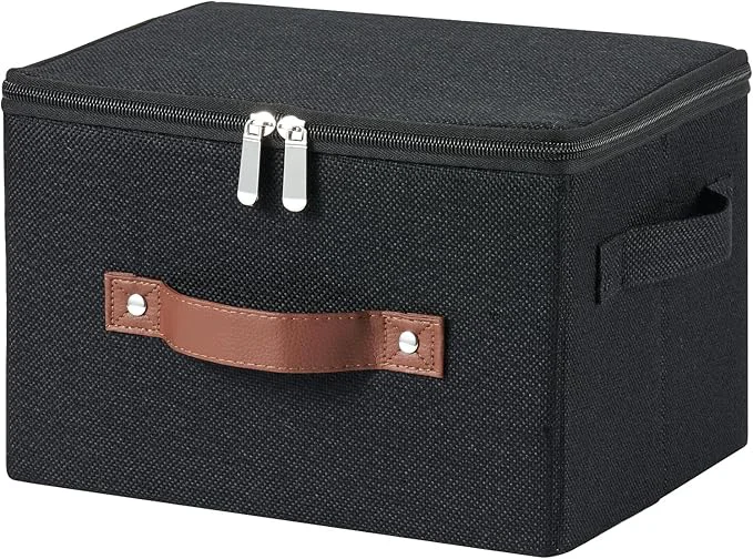 Proven Storage Bins with Zipper Lid Cotton Linen Fabric Lidded Storage Baskets Boxes Foldable Washable Closet Shelf Clothes Organizer Container with PU Leather Handles Black Small Size About ThisOverview Green
