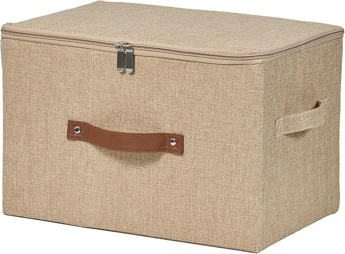 Stylish Storage Bins with Zipper Lid Cotton Linen Fabric Lidded Storage Baskets Boxes Foldable Washable Closet Shelf Clothes Organizer Container with PU Leather Handles Linen Large About ThisOverview Solid