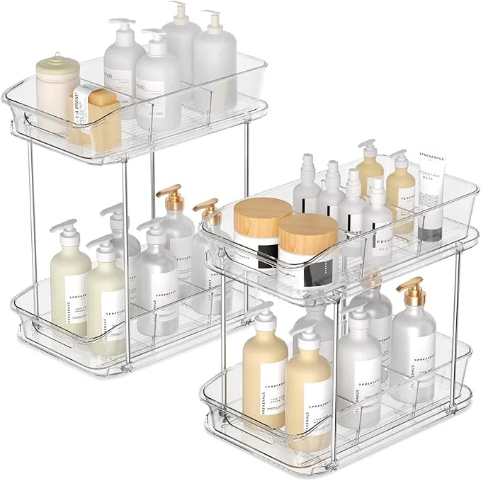 Refined 2 Tier Pull-Out Organizer for Bathroom Kitchen Under Sink Storage with Dividers I for Cabinet Cupboard Organization Slide-Out Clear Storage 2 PackAbout ThisOverview Consistent