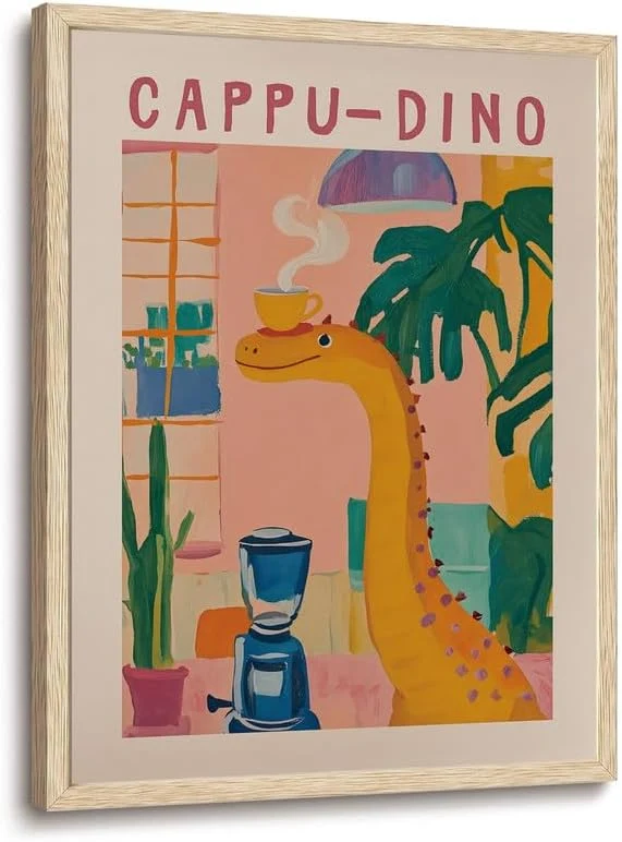 Solid XJYISUO Framed Wall Art Trendy Coffee Wall Decor Whimsical Cappu-Dino Canvas Art Retro Dinosaur Coffee Pictures Funny Dopamine Paintings Funky Artwork For Kitchen Coffee Bar Living RoomAbout This Fine Crafted