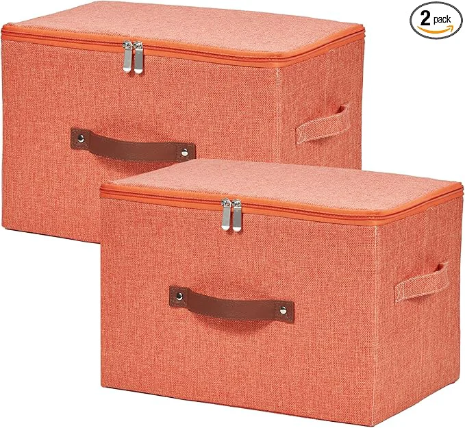 Pure 2 Pack Storage Bins with Zipper Lid Cotton Linen Fabric Lidded Storage Baskets Boxes Foldable Washable Closet Shelf Clothes Organizer Container with PU Leather Handles Orange Large About ThisOverview Environmentally Friendly