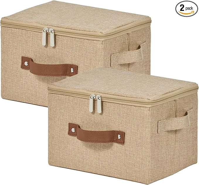 First-Class 2 Pack Storage Bins with Zipper Lid Cotton Linen Fabric Lidded Storage Baskets Boxes Foldable Washable Closet Shelf Clothes Organizer Container with PU Leather Handles Linen Small About ThisOverview Exclusive