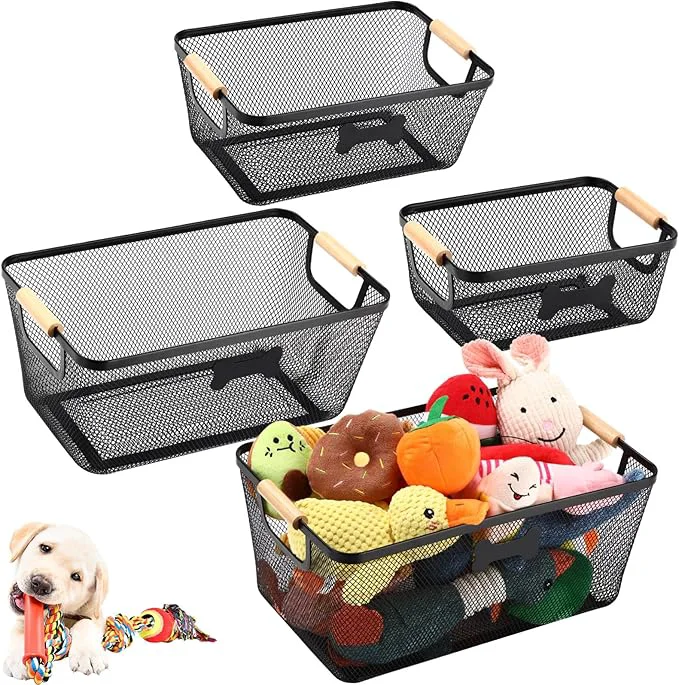 Next-Generation 4 Pack Metal Dog Toy Storage Baskets with Wooden Handles Chew Resistant Pet Organizer Bins for Dog Toys Leashes Accessories Stackable Mesh Pet Storage for Home OutdoorAbout ThisOverview Detailed