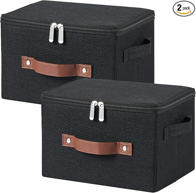 Healthy 2 Pack Storage Bins with Zipper Lid Cotton Linen Fabric Lidded Storage Baskets Boxes Foldable Washable Closet Shelf Clothes Organizer Container with PU Leather Handles Black Small Size About ThisOverview Reusable