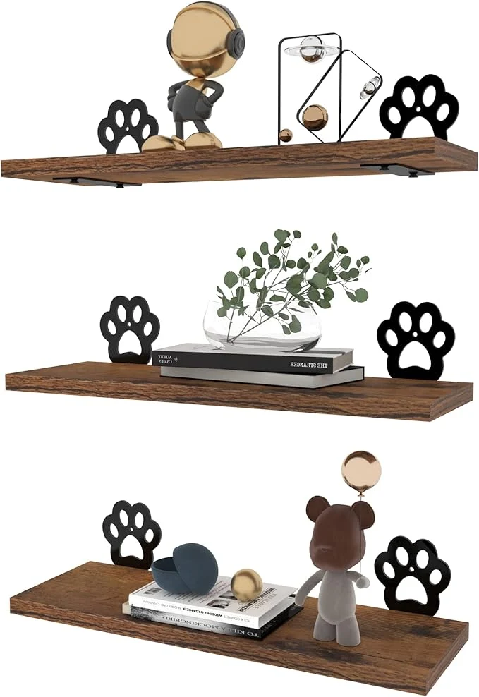 Unique Lavezee Paw Prints Wall Decor Floating Shelves Set of 3 Cute Rustic Wooden Shelf Decorative Living Room Bedroom Bathroom Log Cabin Shelving Wall MountedAbout ThisOverview Original Design