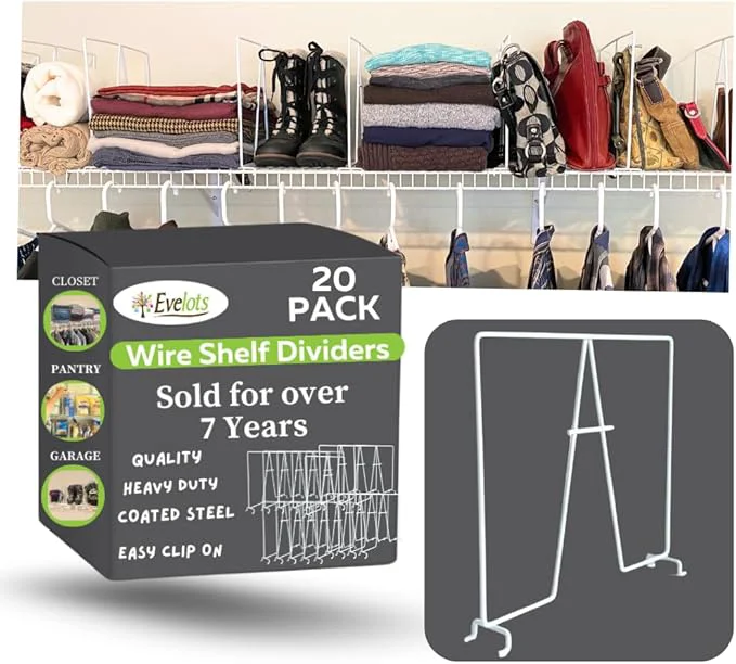 Convenient Evelots Wire Shelf Dividers -20 Pack- Closet Storage Organization for Office Pantry Garage - Tall Shelf Separator - Easy Clip-No Tool - Solid Coated SteelAbout This Fine Crafted