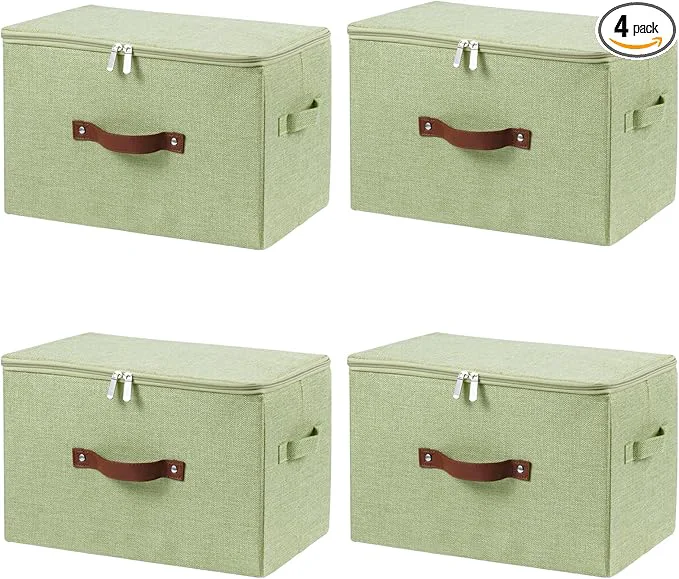Relaxed 4 Pack Storage Bins with Zipper Lid Cotton Linen Fabric Lidded Storage Baskets Boxes Foldable Washable Closet Shelf Clothes Organizer Container with PU Leather Handles Green Large About ThisOverview Natural