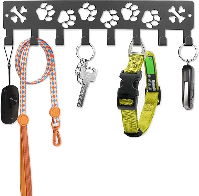 Solid Key Holder Wall Mount Dog Leash Holder for Wall Metal Key Rack with 8 Hooks for Entryway Hallway Kitchen Decor Dog Paws Design Wall Organizer 11.8×2.6 Inch with Screw Anchors Black-Paws About ThisOverview High-Grade