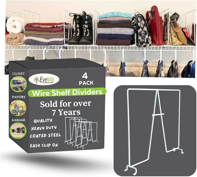 Premium Material Evelots Wire Shelf Dividers -4 Pack- Closet Storage Organization for Office Pantry Garage - Tall Shelf Separator - Easy Clip-No Tool - Solid Coated SteelAbout ThisOverview Environmentally Friendly
