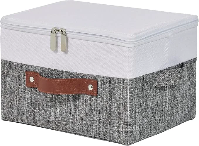 Modern Storage Boxes with Zipper Lid Cotton Linen Fabric Lidded Storage Bins Baskets Foldable Washable Closet Shelf Clothes Organizer Container Faux Leather Handles Gray White Small About ThisOverview Trusted