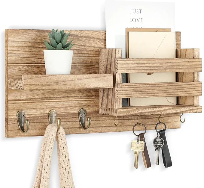 Certified Mail Organizer for Wall Mount – Key Holder with Shelf Includes Letter Holder and Hooks for Coats Dog Leashes – Rustic Wood with Flush Mounting Hardware 16.5 x 8.7 x 3.5 Wood About ThisOverview Natural