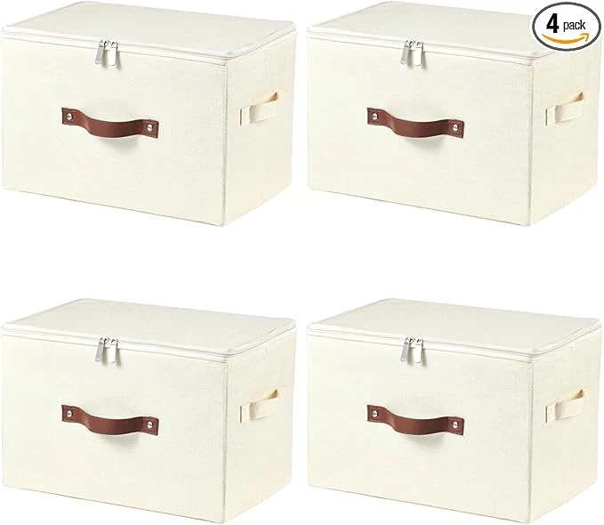 Sustainable 4 Pack Storage Bins with Zipper Lid Cotton Linen Fabric Lidded Storage Baskets Boxes Foldable Washable Closet Shelf Clothes Organizer Container with PU Leather Handles Beige Large About ThisOverview Clean