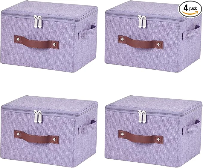 First-Class 4 Pack Storage Bins with Zipper Lid Cotton Linen Fabric Lidded Storage Baskets Boxes Foldable Washable Closet Shelf Clothes Organizer Container with PU Leather Handles Purple Small About ThisOverview Secure